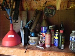 Lot with Funnels, Grease Gun, Dust Pan, Misc.