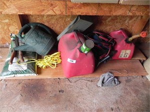 Lot with Gas Cans, Watering Can, Trimmers, Rope,