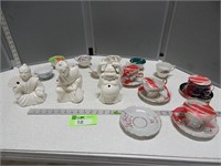 3 Small statues and assorted cups and saucers