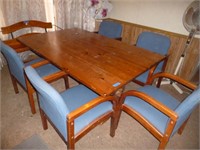 Mid Century Pine Plank Trestle Table & 5 Chairs