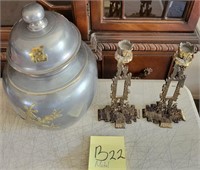 W - VINTAGE METAL JAR & CANDLESTICKS (B22)