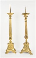 2 Tall Continental Gilt Metal Altar Candlesticks
