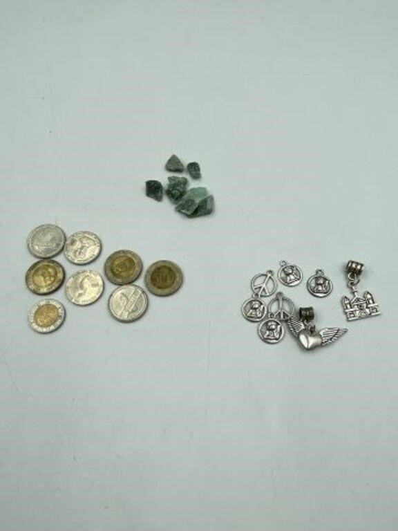 LOT OF COINS, STONES, CHARMS