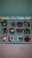 FLORAL JEWELLERY BOX FULL OF BROACHES