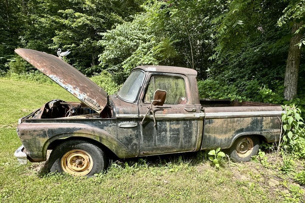 60’s MODEL FORD TRUCK, SHORTBED, SIX CYLINDER.