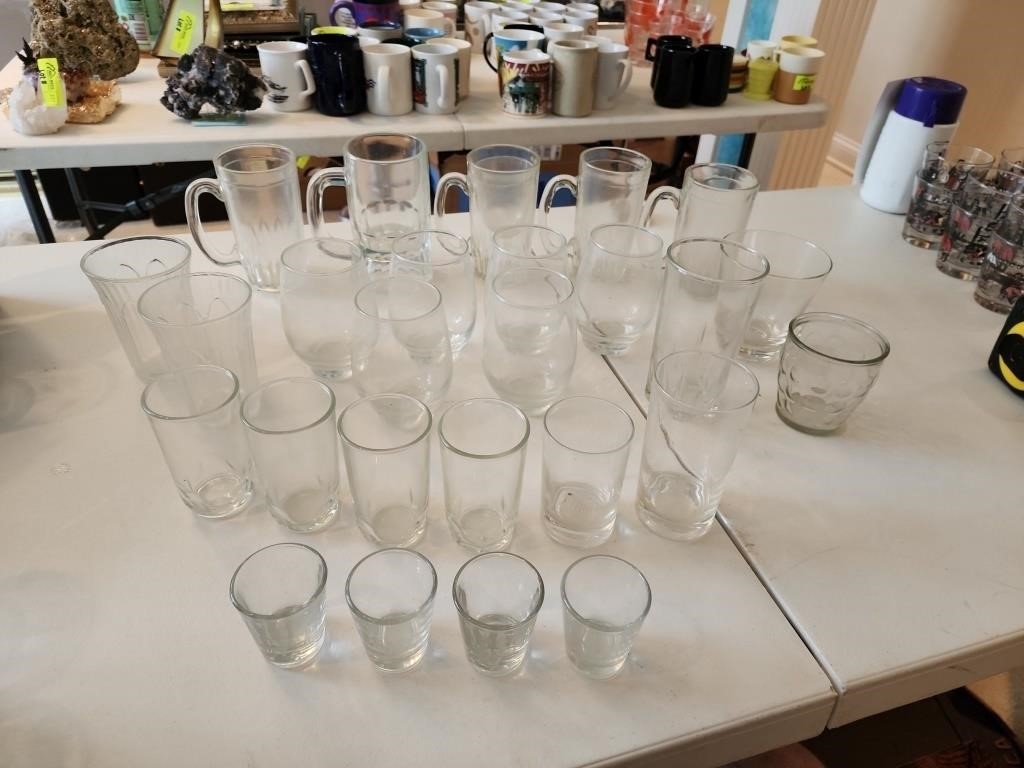 26 pc glassware drink lot. Shots juice mugs wine e