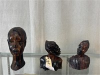 3pc Wood Carved African: Bust, Bookend Busts