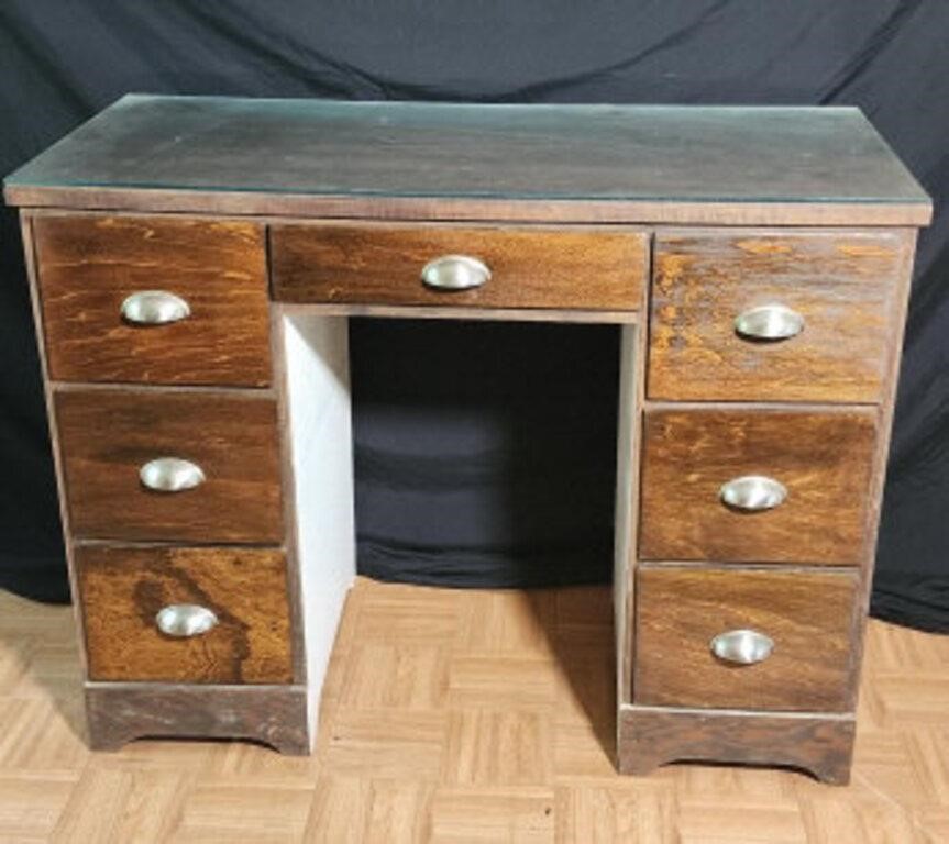 Vintage Wooden Desk with Glass Topper