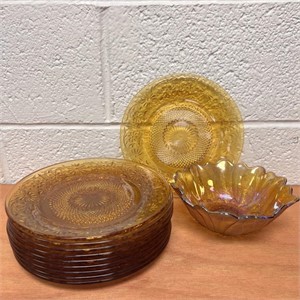 Amber Glass Plates & Bowl