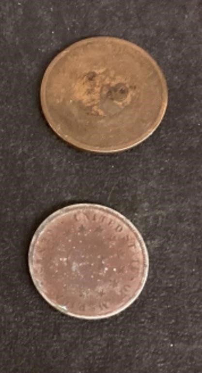 1864 two-cent piece and 1883 shield nickel