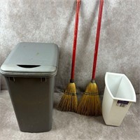 2 small Brooms and Garbage Cans