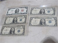 4 ONE DOLLAR SILVER CERT  &1 TWO DOLLAR RED SEAL