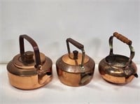 3 Copper Teapots with Wooden Handles