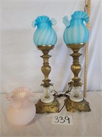 2 Gold Toned Lamps w/ Marble & 3 Shades