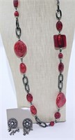 Dark Red Beads and Metal Necklace Lot