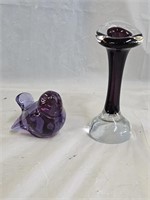 Purple Crystal Bird Paperweight, Swedish Bud Vase