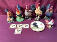 Six Rooster Ceramic Figures, 4 Coasters