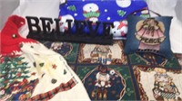 Collection of Holiday Linens and Wood Believe