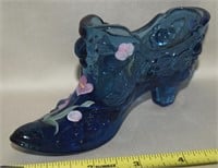 Fenton Handpainted Blue Art Glass Victorian Shoe