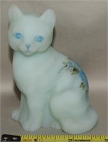 Fenton Handpainted Blue Satin Glass Cat Figure