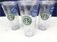 (3) Clear Starbucks Plastic Cups w/ Lids