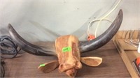 WOOD CARVED BULL W/ HORNS