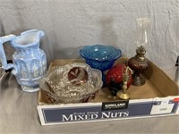 Assorted Glassware, Oil Lamp, and Bell