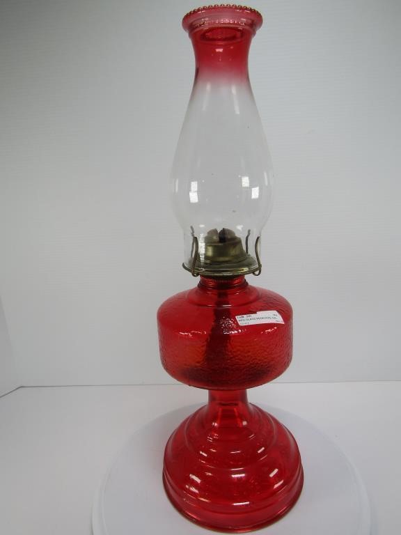 RED GLASS PEDESTAL OIL LAMP - 19" TALL