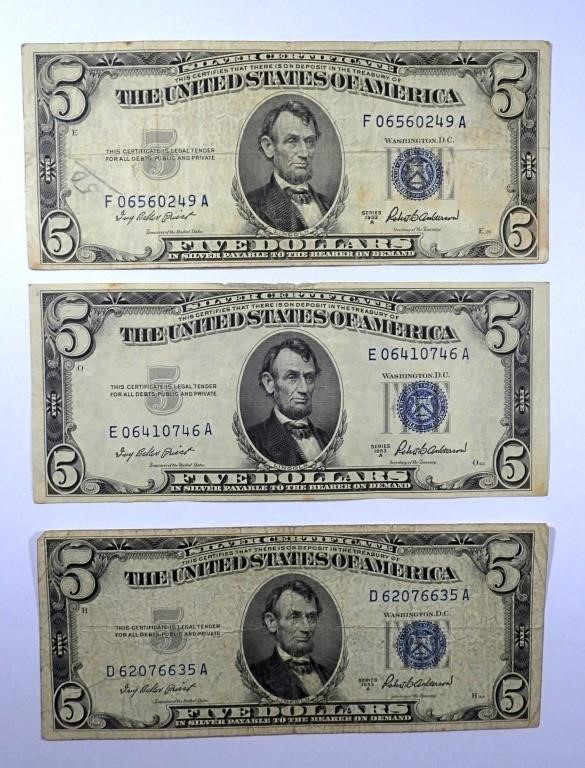(3) 1953 $5 SILVER CERTIFICATES