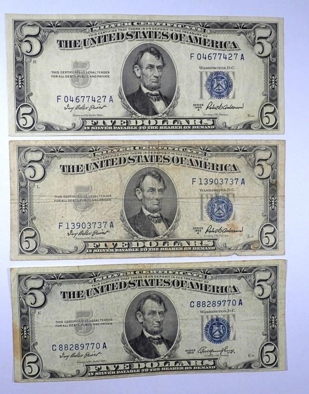 (3) 1953 $5 SILVER CERTIFICATES