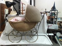 ANTIQUE WICKER BABY CARRIAGE W/ DOLL