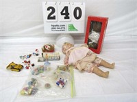 Vintage Toys Porcelain Doll, Plastic Baby Rattle,