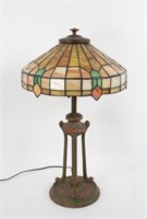 Art Deco Stained Glass & Painted Metal Lamp