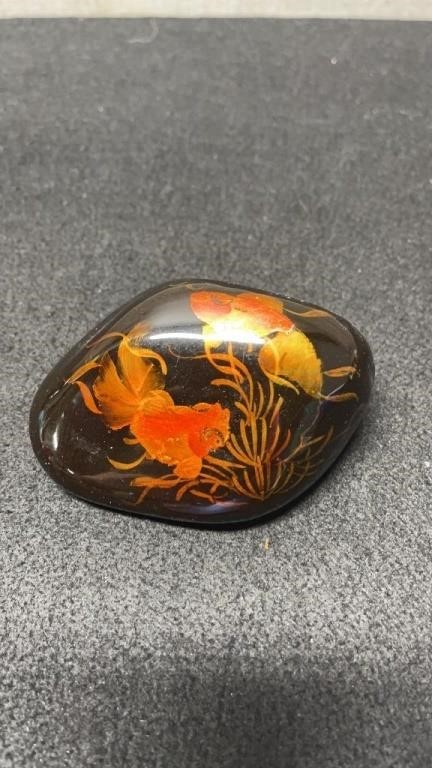 Vintage Black Lacquered Rock With Painted Goldfish