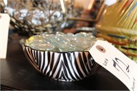 Decorative signed bowl w/glass bobbles