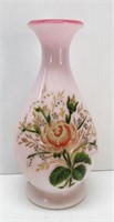 White Milk Glass Vase Hand Painted Pink 7.5"T