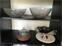 2 Shelves Misc incl Serving Bowls, Cheese Dish,