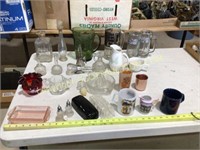 Lot misc glassware, mugs, lead crystal wall