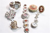 Assorted Brooches, Watches, Pill Box, Ring