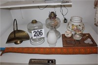 2 Oil Lamps, Brass Mail Holder, lamp chimney, and