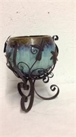 8" tall clay decorative vase in cute metal stand