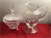 Crystal Lidded Candy Dish & Pitcher applied handle