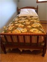Twin bed, mattress and bedding