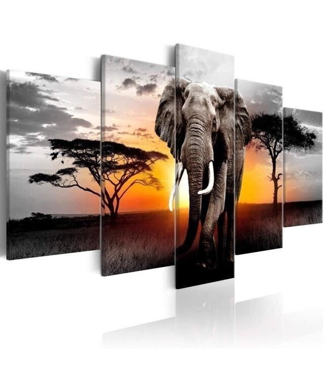 20x40" 5 Panels Elephant Painting Wall Art