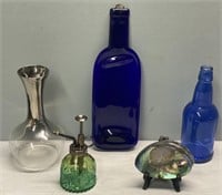 Colored Glass Bottles & Sea Shell Collectibles Lot