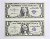 (2) SERIES 1957 $1 SILVER CERTIFICATES CONSECUTIVE