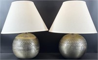 Pair Silver Metal Sphere Lamps