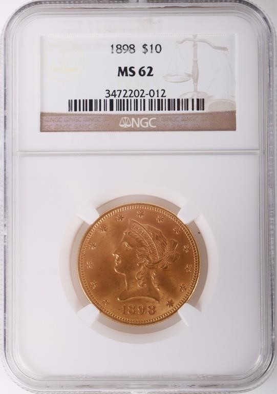 1898 LIBERTY HEAD 90% GOLD MS62 $10 COIN