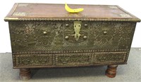 Antique Middle Eastern Hammered Brass & Wood Trunk