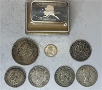 7x Silver Coins And 1x 1oz Silver Bar